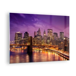 Schilderen op glas - Avondzicht op New York met de Brooklyn Bridge - 70x50cm - Violet-goud Manhattan - Moderne wanddecoratie voor woonkamer en slaapkamer ARTTOR