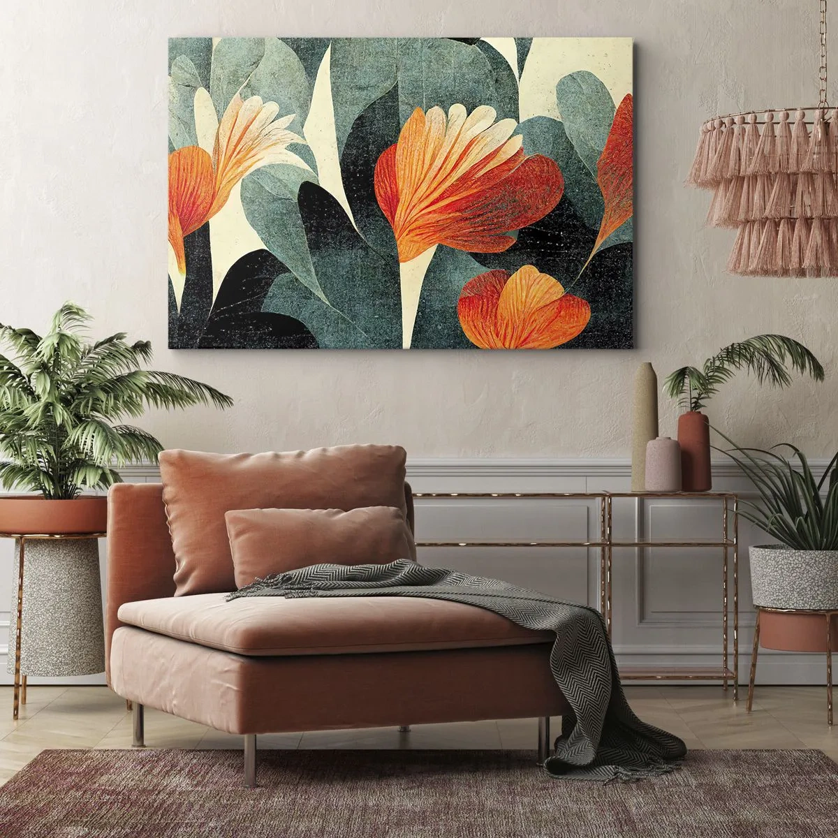 Schilderen op canvas - Bloemen in intense tinten oranje en groen - 70x50cm - De hitte van de tropen en de koelte van het groen - Moderne wanddecoratie voor woonkamer en slaapkamer ARTTOR