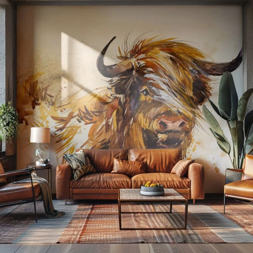 Fotobehang Premium Sand - Trots van de jager - Dieren, Abstractie, Schotse Buffel - 100x70 cm