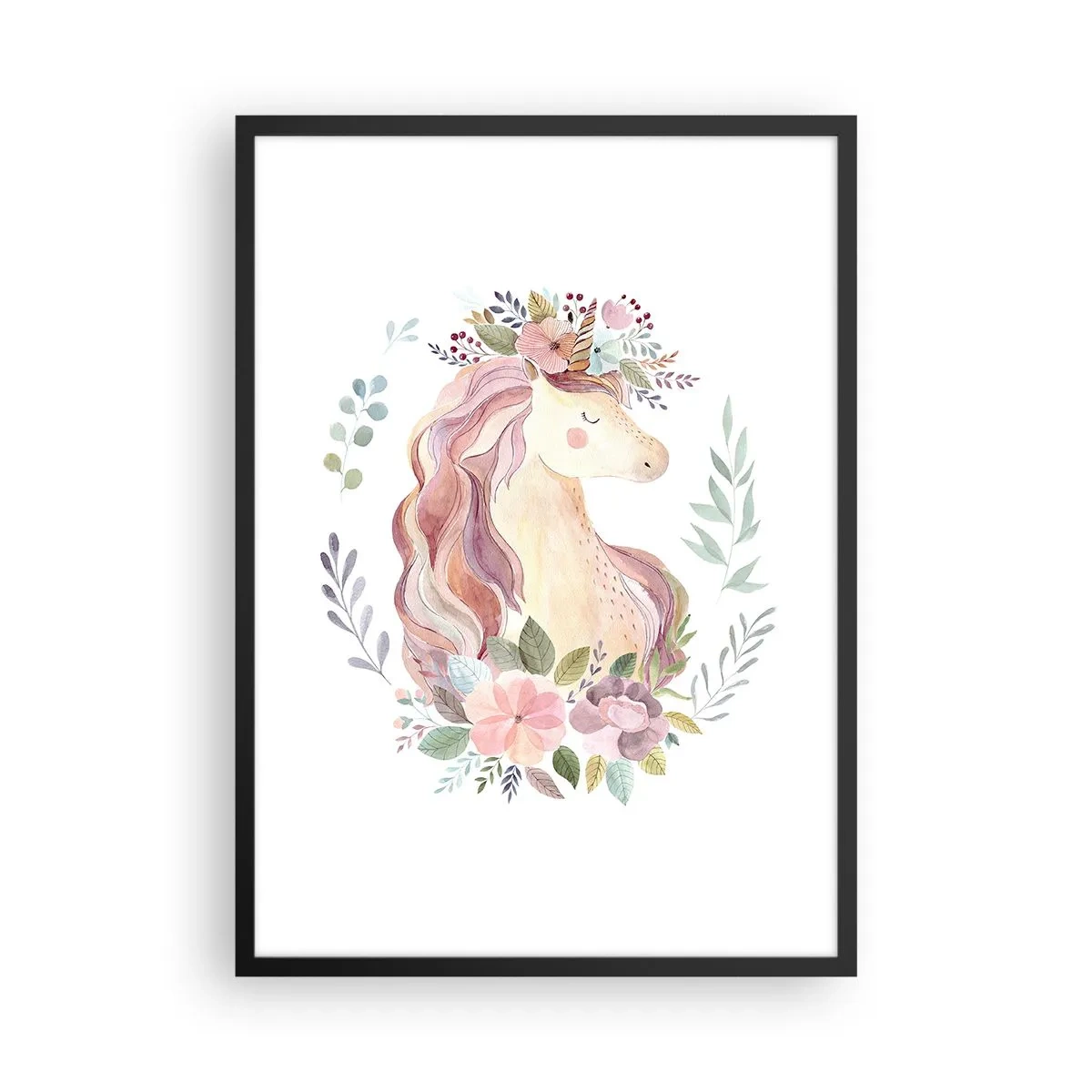 Poster in een zwarte lijst - Een aquarel eenhoorn omringd door pastelkleurige bloemen. - 50x70cm - Een uitnodiging in de wereld van sprookjes - Moderne wanddecoratie voor woonkamer en slaapkamer ARTTOR