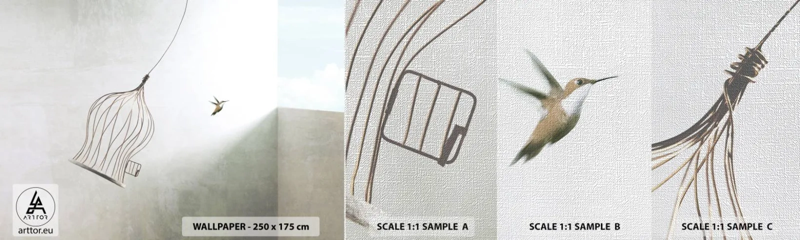 Fotobehang Monster Premium Canvas - In je element - Abstractie, Vogel, Vogelkooi - 100x30 cm