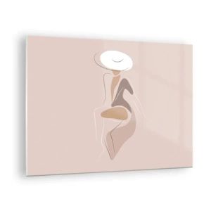 Schilderen op glas - Silhouet van een vrouw met een hoed op een beige achtergrond - 70x50cm - Een dame zijn - Moderne wanddecoratie voor woonkamer en slaapkamer ARTTOR