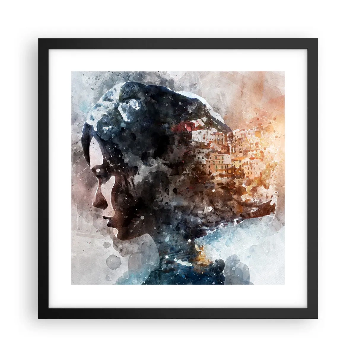 Poster in een zwarte lijst - Een verhaal over een meisje met een stad op de achtergrond - 40x40 cm