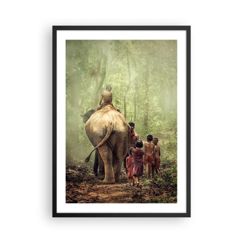 Poster in een zwarte lijst - Kinderen en een olifant in het regenwoud - 50x70cm - Nieuw Jungle Boek - Moderne wanddecoratie voor woonkamer en slaapkamer ARTTOR