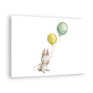 Schilderen op glas - Een konijntje dat twee ballonnen vasthoudt - 70x50cm - Ik ga ook vliegen! - Moderne wanddecoratie voor woonkamer en slaapkamer ARTTOR
