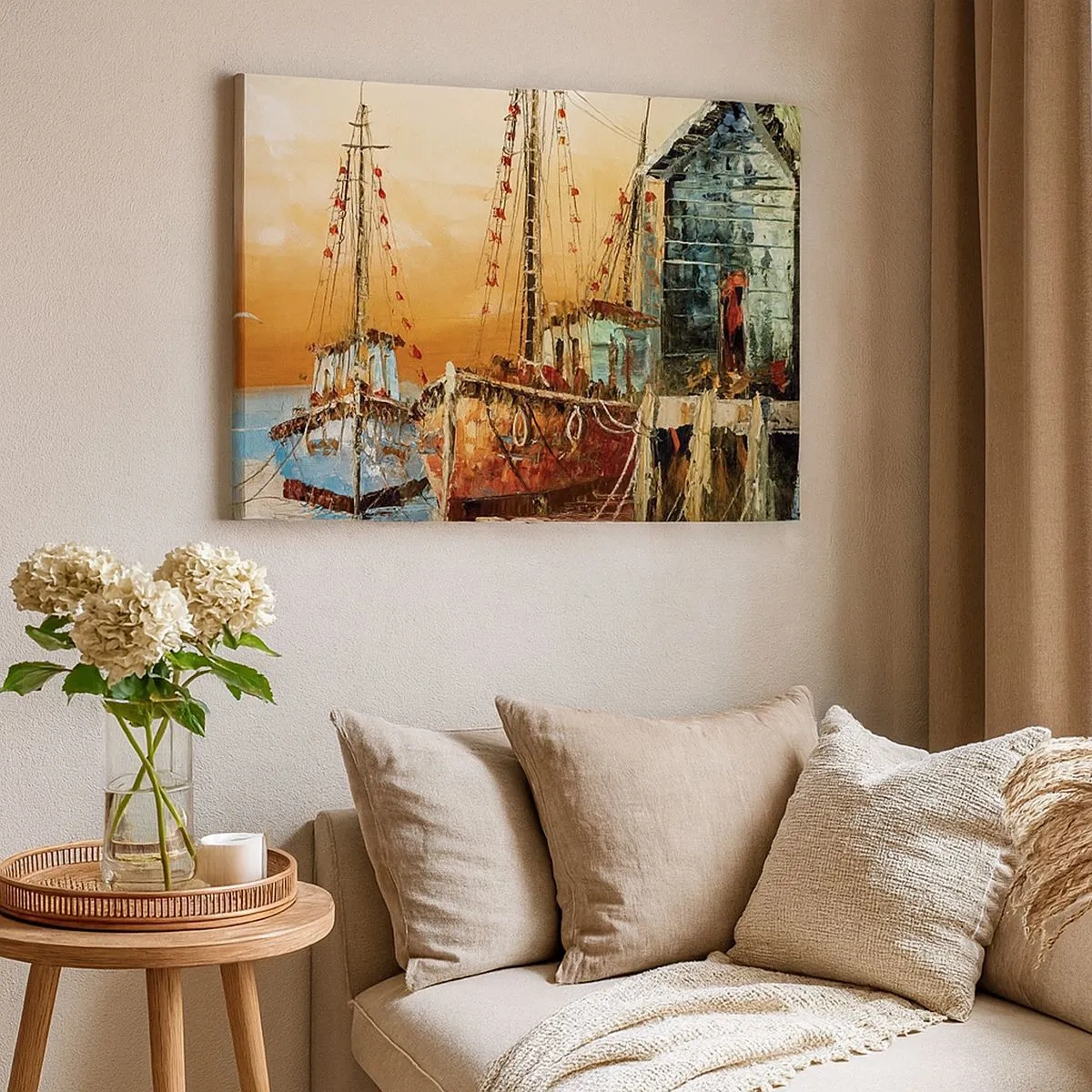 Schilderen op canvas - Boten aan de kust in het warme licht van de zonsondergang - 70x50cm - Een vreedzame terugkeer - Moderne wanddecoratie voor woonkamer en slaapkamer ARTTOR