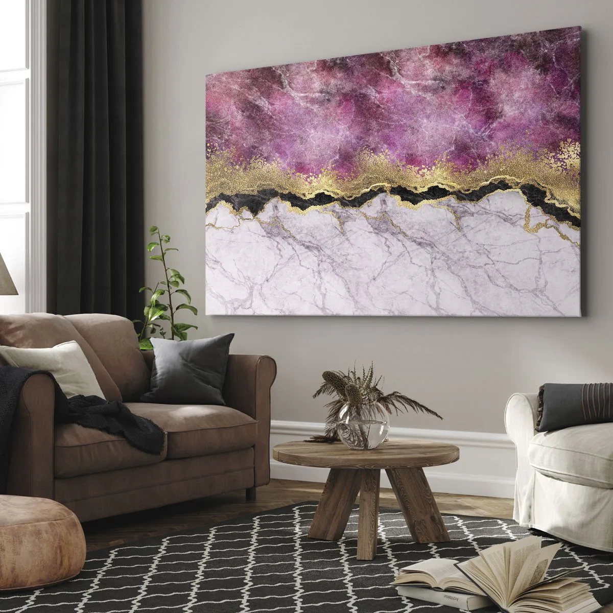 Schilderen op canvas - Abstract marmer in tinten roze met gouden accenten - 70x50cm - Op de grens - Moderne wanddecoratie voor woonkamer en slaapkamer ARTTOR