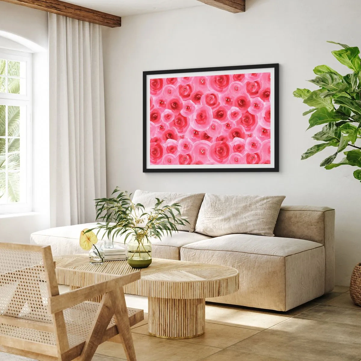 Poster in een zwarte lijst - Rozen onder en boven - 70x50 cm