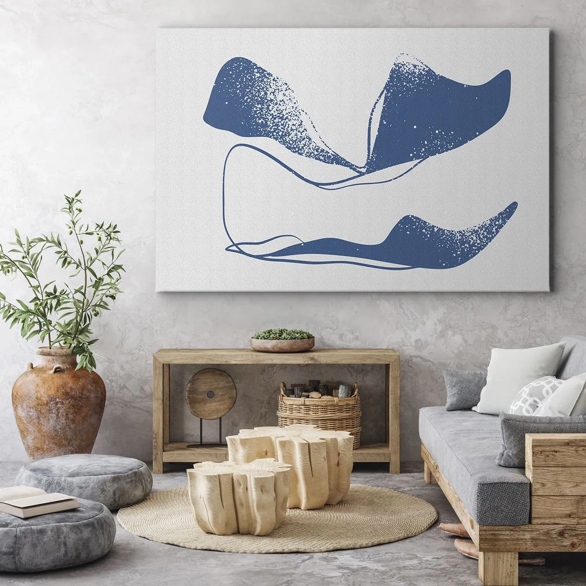 Schilderen op canvas - Abstracte vormen in blauwe tinten op een witte achtergrond - 70x50cm - Gevleugelde abstractie - Moderne wanddecoratie voor woonkamer en slaapkamer ARTTOR
