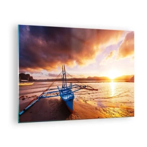 Schilderen op glas - Boot op het strand bij zonsondergang met een dramatische lucht - 70x50cm - Strek je uit op het zand na een hele dag - Moderne wanddecoratie voor woonkamer en slaapkamer ARTTOR