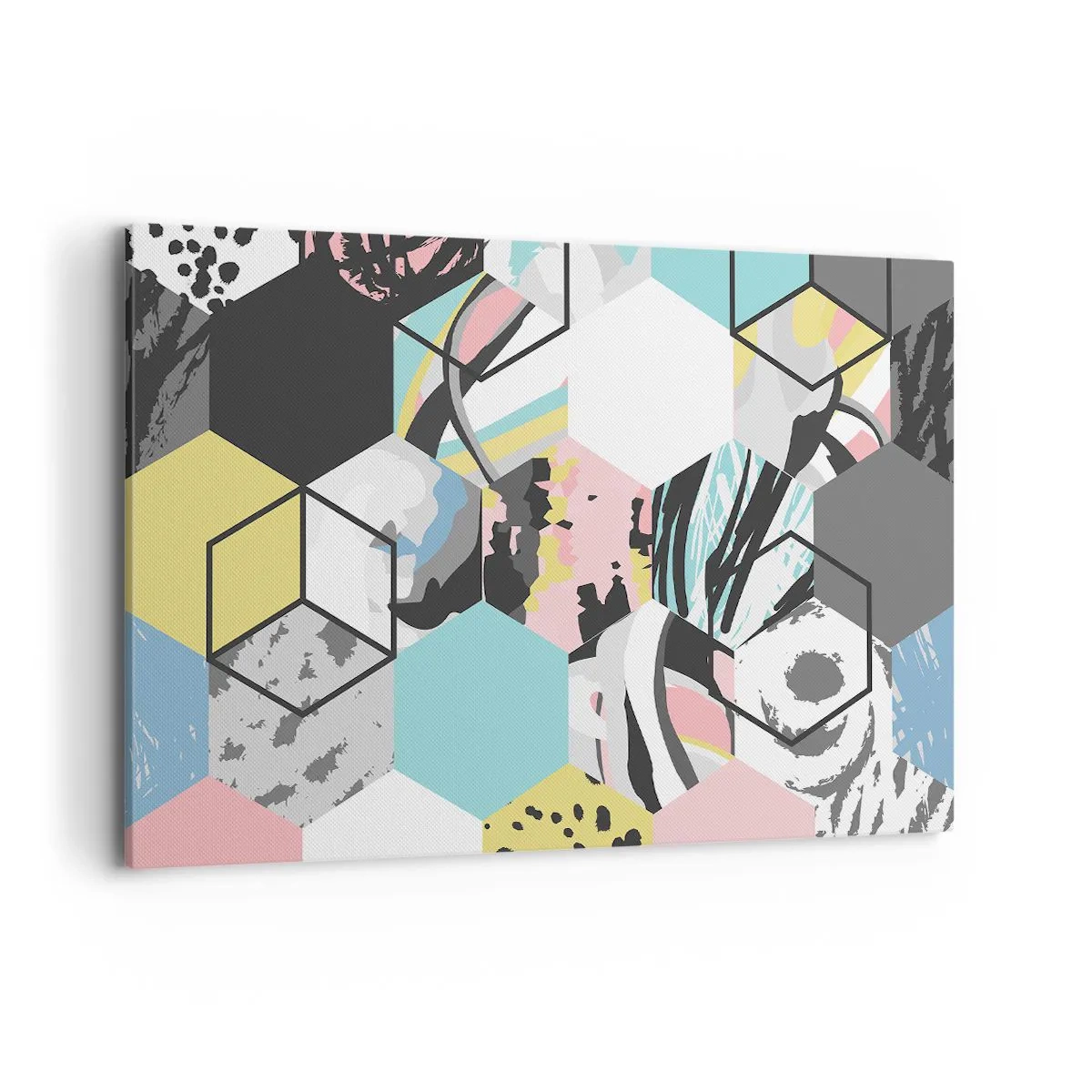 Schilderen op canvas - Zeshoeken en kubussen in zes kleuren - 120x80 cm
