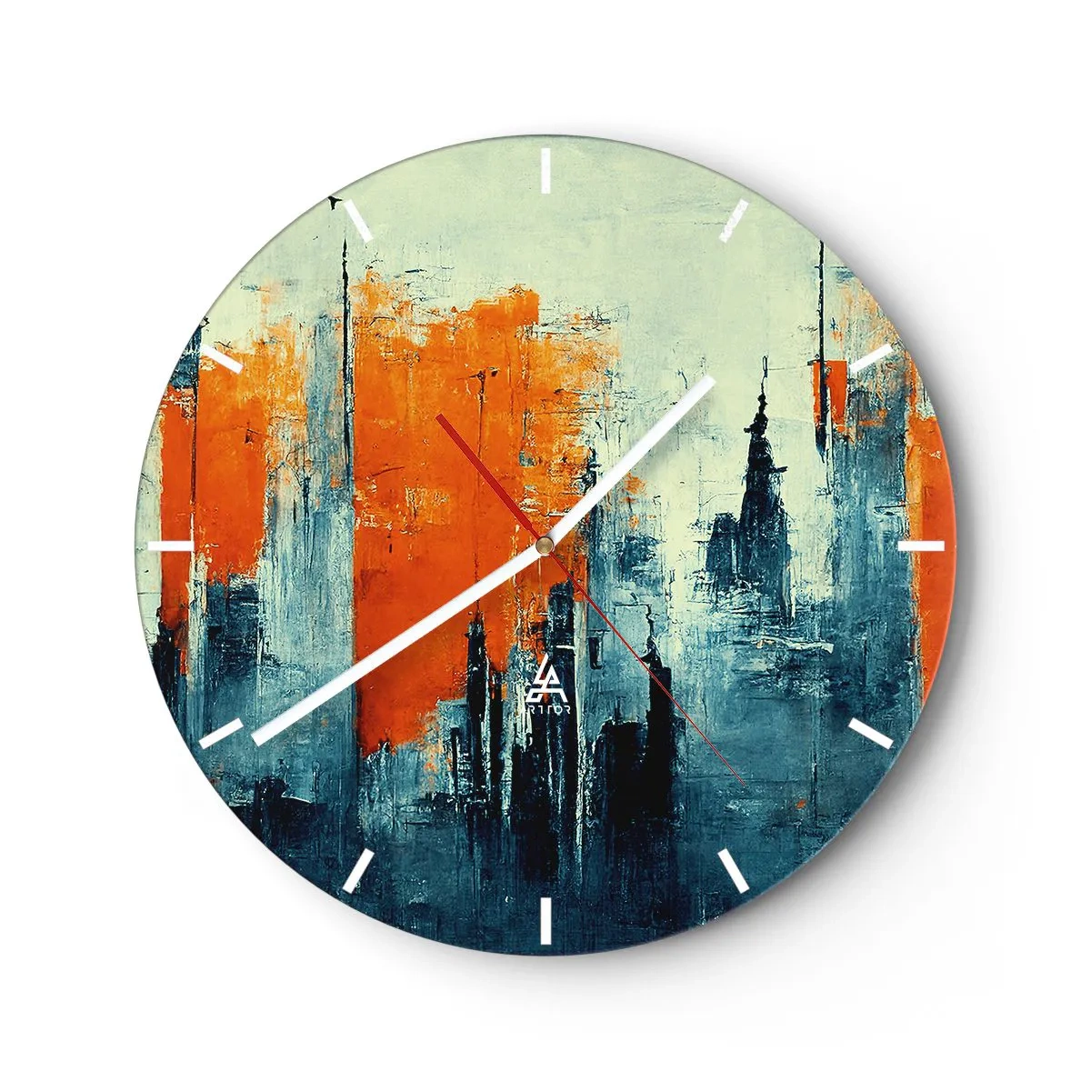 Wandklok - Klok - Abstract stadsgezicht in tinten oranje en marineblauw - 30x30cm - Modern landschap - Moderne wanddecoratie voor woonkamer, keuken en slaapkamer ARTTOR