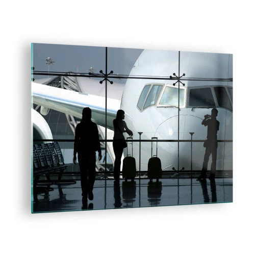 Schilderen op glas - Luchthaven met uitzicht op het vliegtuig en silhouetten van reizigers - 70x50cm - Vis a vis op de luchthaven - Moderne wanddecoratie voor woonkamer en slaapkamer ARTTOR