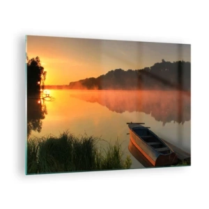 Schilderen op glas - Zonsopgang boven een kalm meer met een boot aan de oever - 70x50cm - Zonsopgang boven het water als een spiegel - Moderne wanddecoratie voor woonkamer en slaapkamer ARTTOR