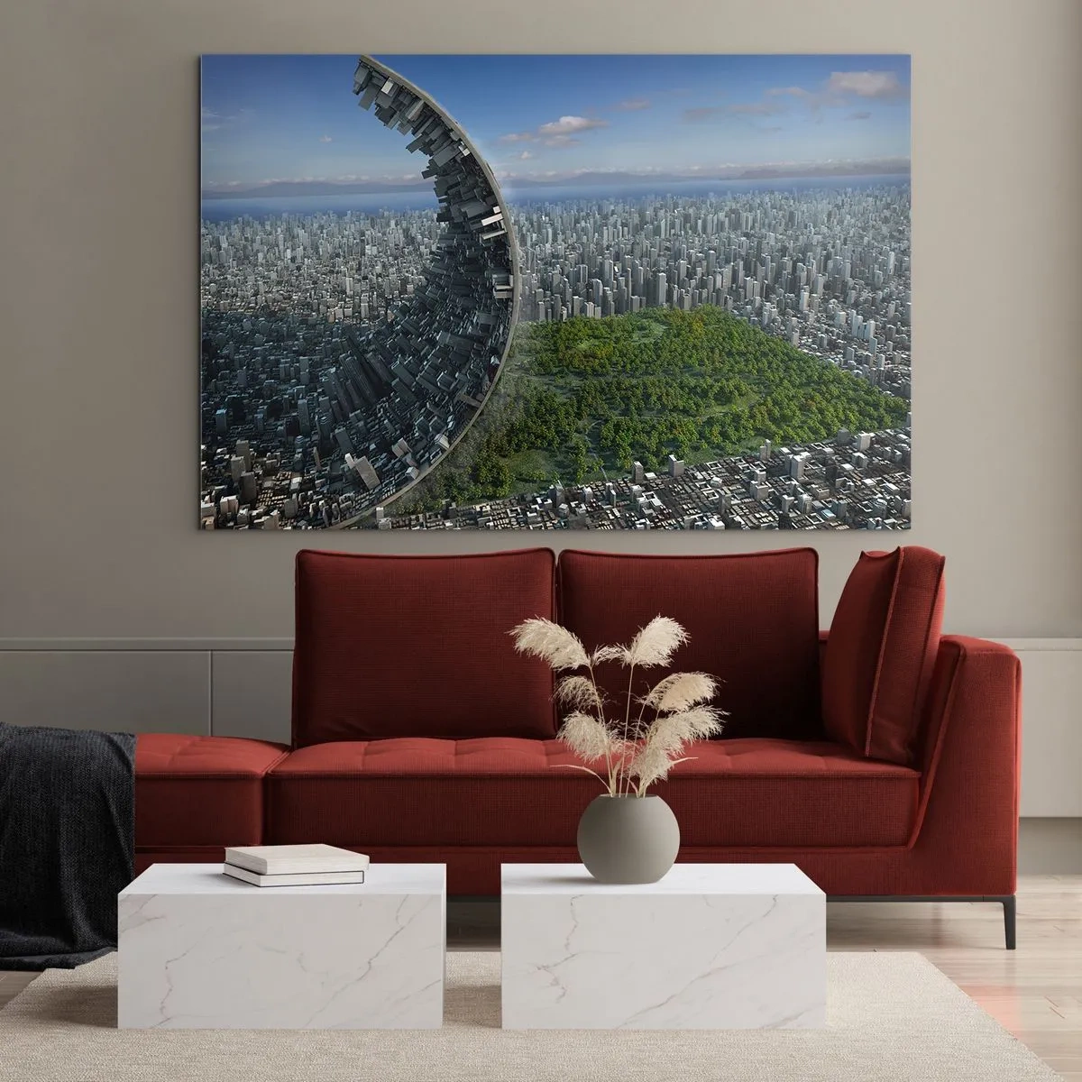Schilderen op glas - Een stad met een spectaculair effect van ruimtebreking - 70x50cm - De natuur is eeuwig - Moderne wanddecoratie voor woonkamer en slaapkamer ARTTOR
