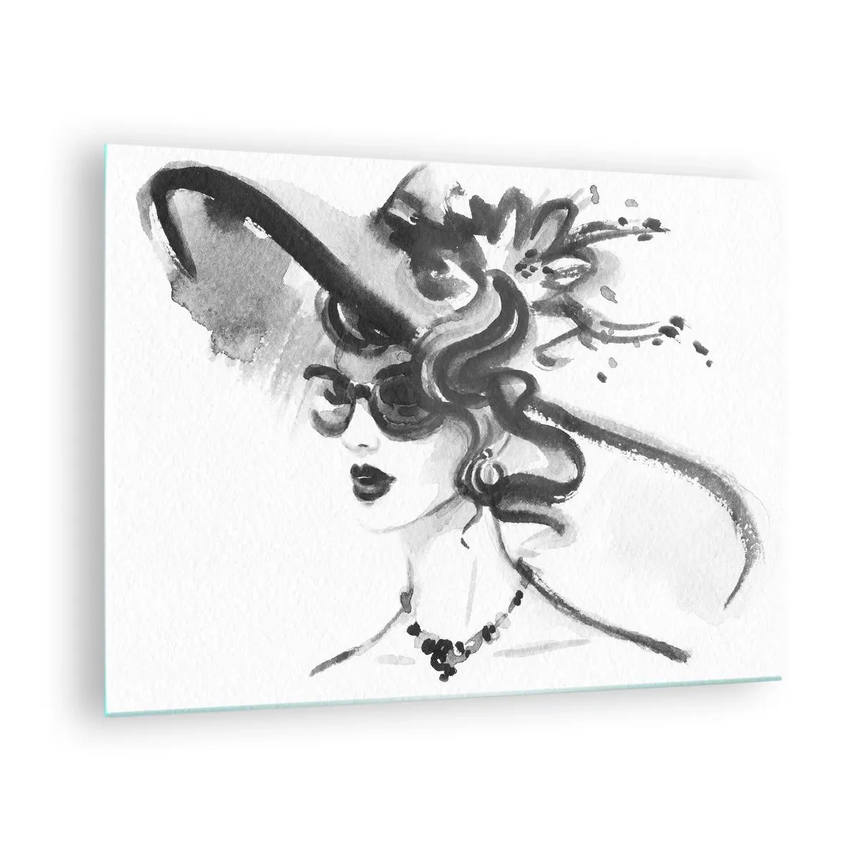 Schilderen op glas - Zwart-witportret van een vrouw met een hoed - 70x50cm - Een dame met karakter - Moderne wanddecoratie voor woonkamer en slaapkamer ARTTOR
