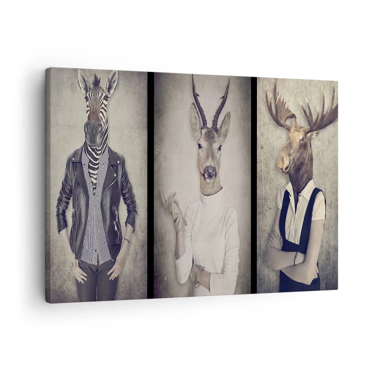 Schilderen op canvas - Een drieluik met dierfiguren in mensenkleding tegen een artistieke achtergrond - 70x50cm - Laat de gebaren spreken - Moderne wanddecoratie voor woonkamer en slaapkamer ARTTOR
