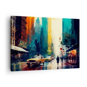 Schilderen op canvas - Een bruisende stad met taxi's en voorbijgangers - 70x50cm - New York – zelfs de regen is hier kleurrijk - Moderne wanddecoratie voor woonkamer en slaapkamer ARTTOR