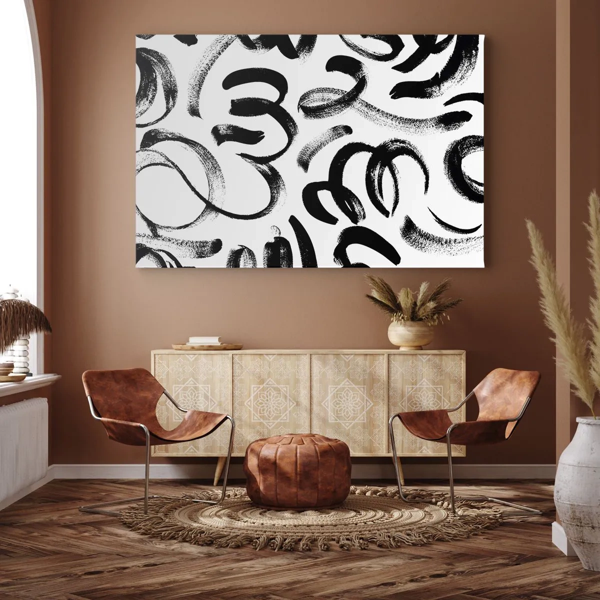 Schilderen op canvas - Zwarte abstracte penseelstreken op een witte achtergrond - 70x50cm - Zwart op wit - Moderne wanddecoratie voor woonkamer en slaapkamer ARTTOR