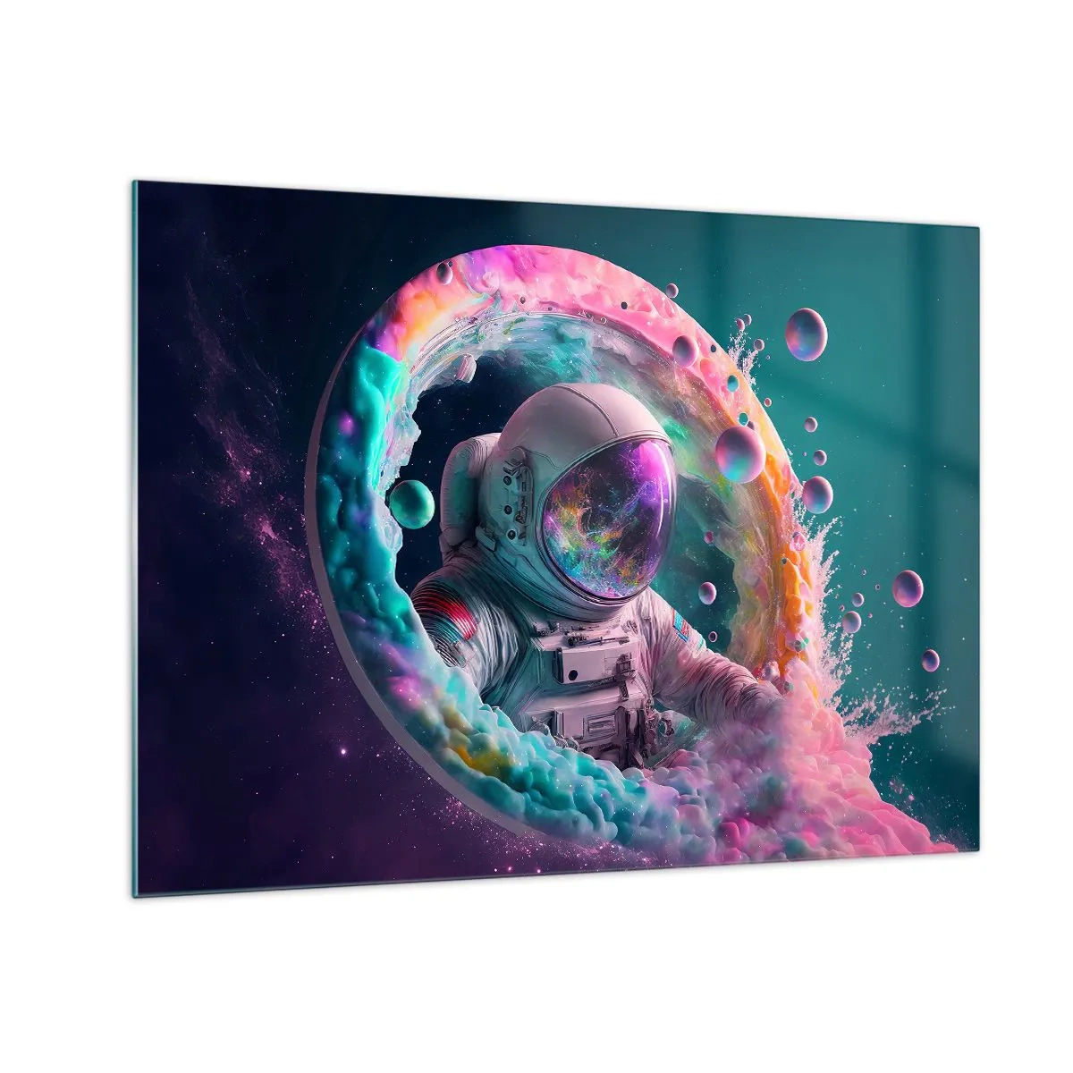 Schilderen op glas - Astronaut in de kleurrijke ruimte - 70x50cm - Sterrenpoort - Moderne wanddecoratie voor woonkamer en slaapkamer ARTTOR