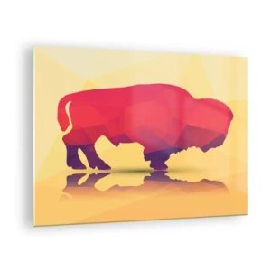 Schilderen op glas - Geometrische bizon in warme kleuren - 70x50cm - De amarantkracht van de bizon - Moderne wanddecoratie voor woonkamer en slaapkamer ARTTOR