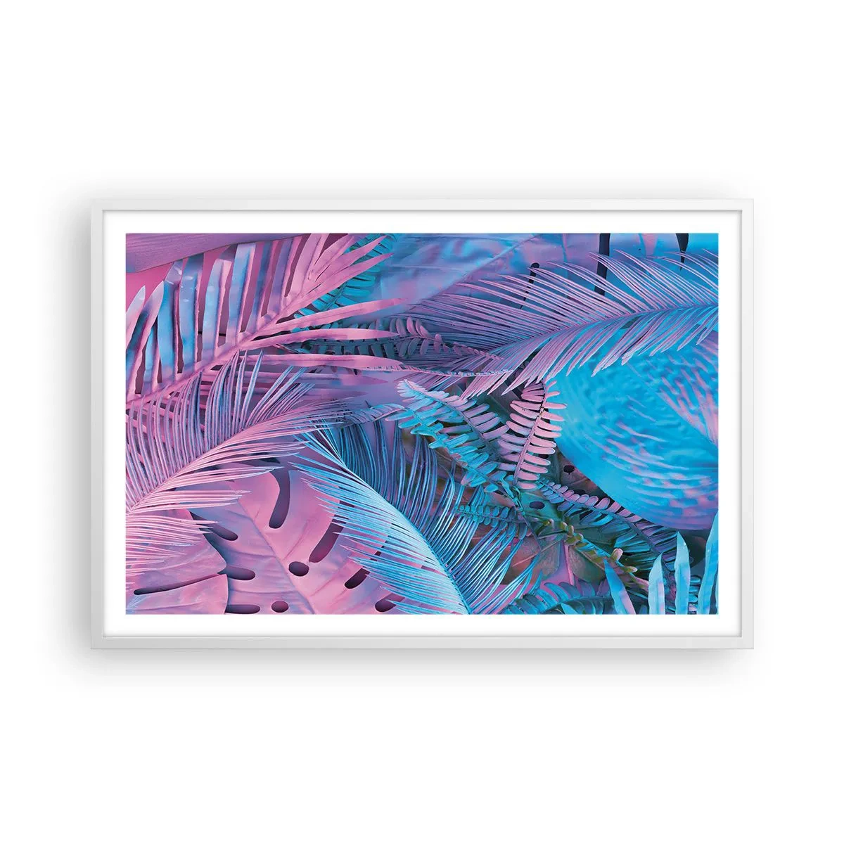 Poster in een witte lijst - Tropen in roze en blauw - 91x61 cm