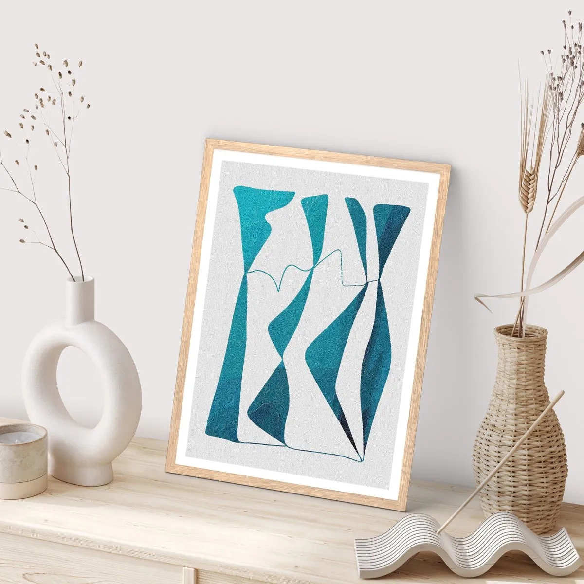 Een poster in een licht eiken lijst - Abstractie: turquoise verbinding - 40x50 cm