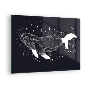 Schilderen op glas - Grafisch wit silhouet van een walvis die in de ruimte zweeft - 70x50cm - In de oceaan van het universum - Moderne wanddecoratie voor woonkamer en slaapkamer ARTTOR