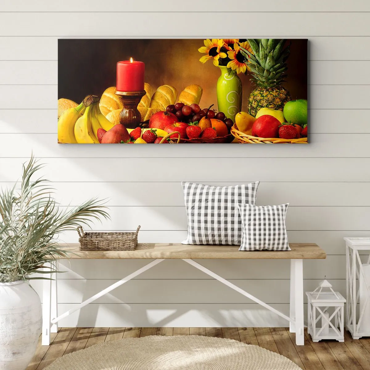 Schilderen op canvas - Stilleven met brood en fruit - 120x50 cm