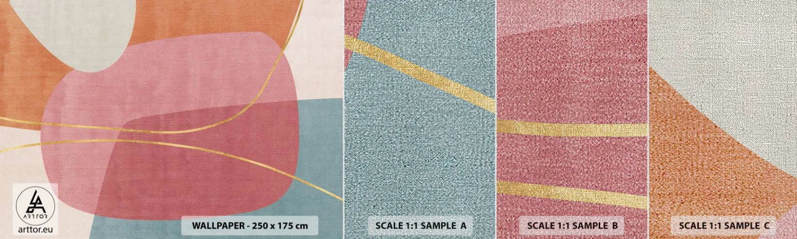 Fotobehang Monster Premium Canvas - Pastelkleurcompositie met gouddraad - Abstractie, Minimalisme, Vormen - 100x30 cm