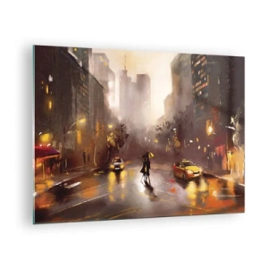 Schilderen op glas - Stad bij nacht in de regen met taxi's en het silhouet van een stel - 70x50cm - In de lichten van New York - Moderne wanddecoratie voor woonkamer en slaapkamer ARTTOR