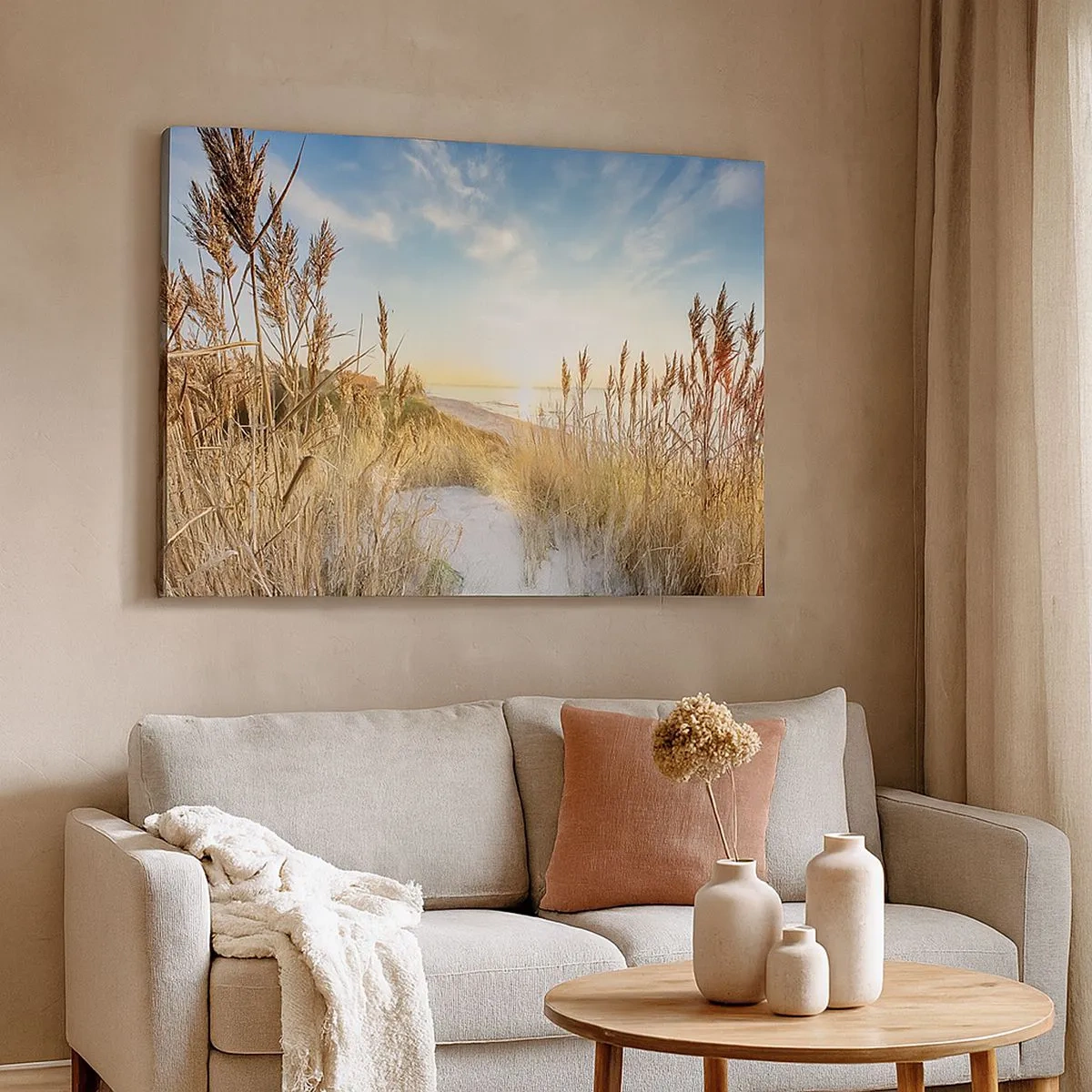 Schilderen op canvas - Een pittoresk strand met gras en de ondergaande zon - 70x50cm - Noord strand - Moderne wanddecoratie voor woonkamer en slaapkamer ARTTOR
