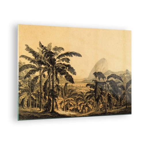 Schilderen op glas - Een vintage illustratie van een bananenplantage met een verre berg op de achtergrond. - 70x50cm - in een koloniaal klimaat - Moderne wanddecoratie voor woonkamer en slaapkamer ARTTOR