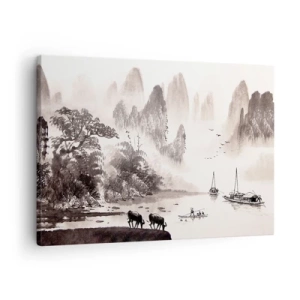 Schilderen op canvas - Een schilderachtig Aziatisch landschap met mistige bergen - 70x50cm - Het exotische alledaagse leven van het Oosten - Moderne wanddecoratie voor woonkamer en slaapkamer ARTTOR