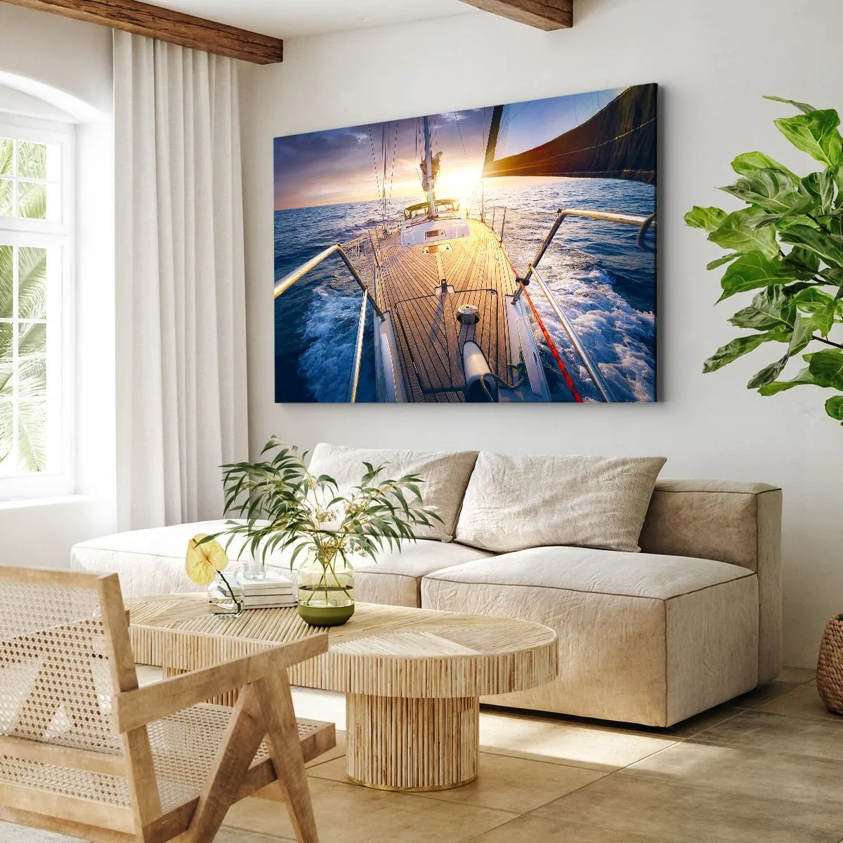 Schilderen op canvas - Jacht op zee tijdens zonsondergang - 70x50cm - Lopend op de golven - Moderne wanddecoratie voor woonkamer en slaapkamer ARTTOR