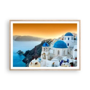 Een poster in een licht eiken lijst - Santorini - genesteld tegen de rotsen - 100x70 cm