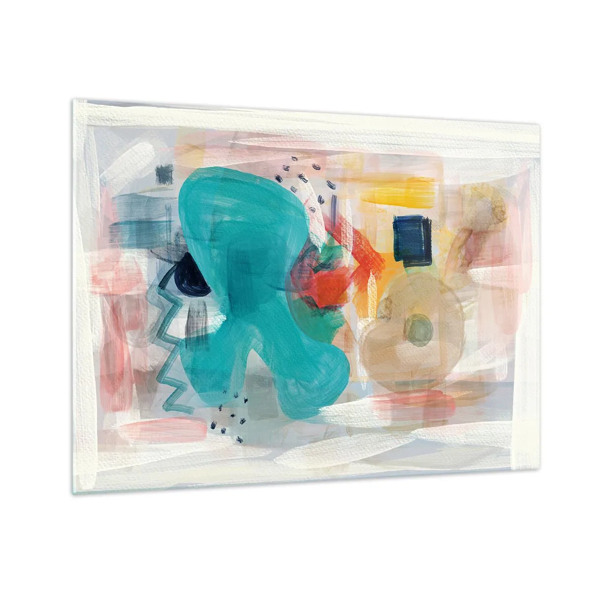 Schilderen op glas - Een kleurrijke abstractie met spatten turquoise, rood en beige. - 70x50cm - Kleurrijk spel - Moderne wanddecoratie voor woonkamer en slaapkamer ARTTOR