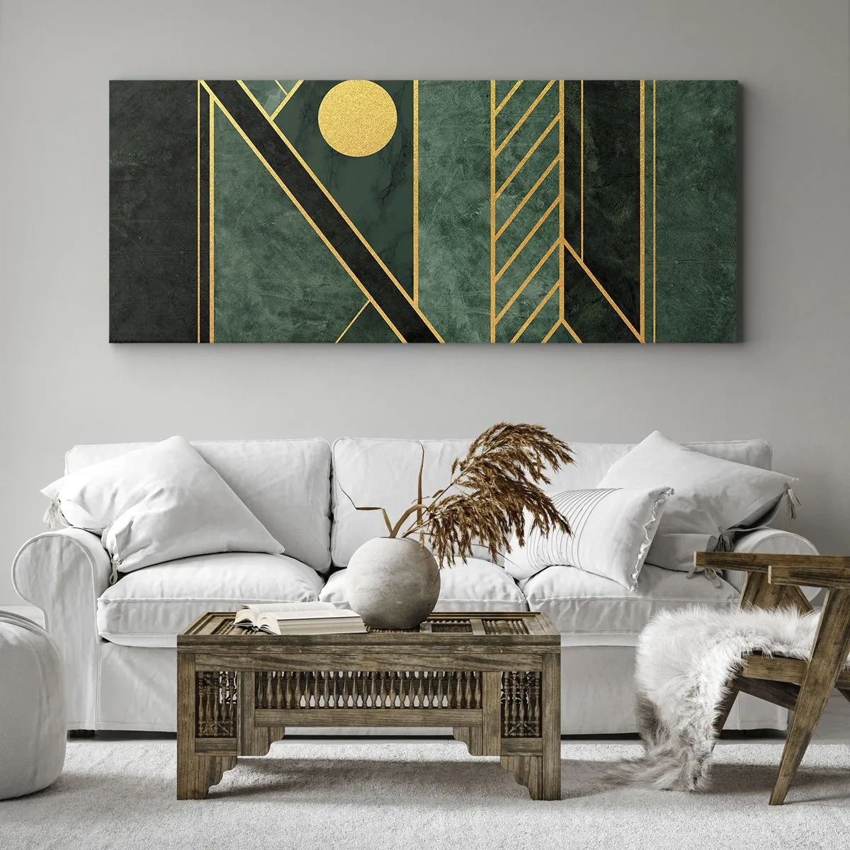 Schilderen op canvas - Dynamiek van goud en azuur - 160x50 cm