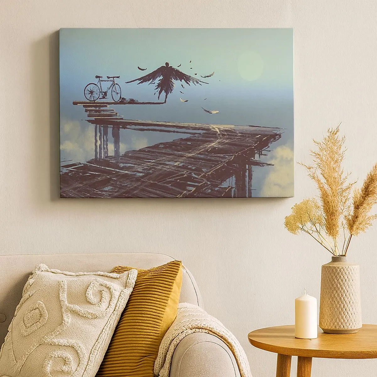 Schilderen op canvas - Een figuur met veren zweeft over een houten brug naast een fiets. - 70x50cm - Icarus leeft voor altijd - Moderne wanddecoratie voor woonkamer en slaapkamer ARTTOR