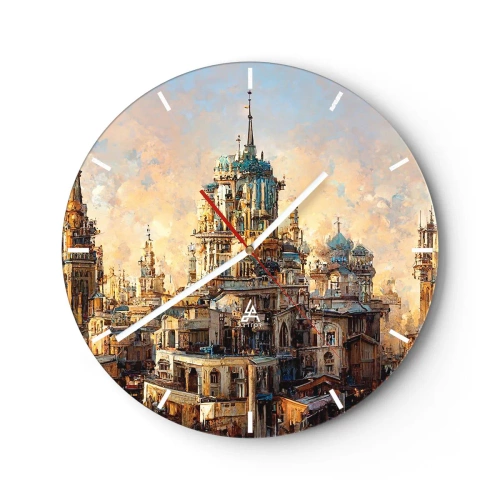 Wandklok - Klok - De torens en gebouwen van een fantasiestad bij zonsondergang - 30x30cm - Stad der steden - Moderne wanddecoratie voor woonkamer, keuken en slaapkamer ARTTOR