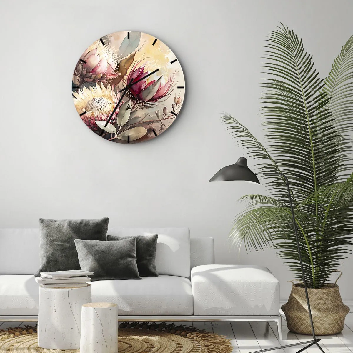 Wandklok - Klok - Artistieke proteabloemen op een lichte achtergrond - 30x30cm - In profiel en en face - Moderne wanddecoratie voor woonkamer, keuken en slaapkamer ARTTOR