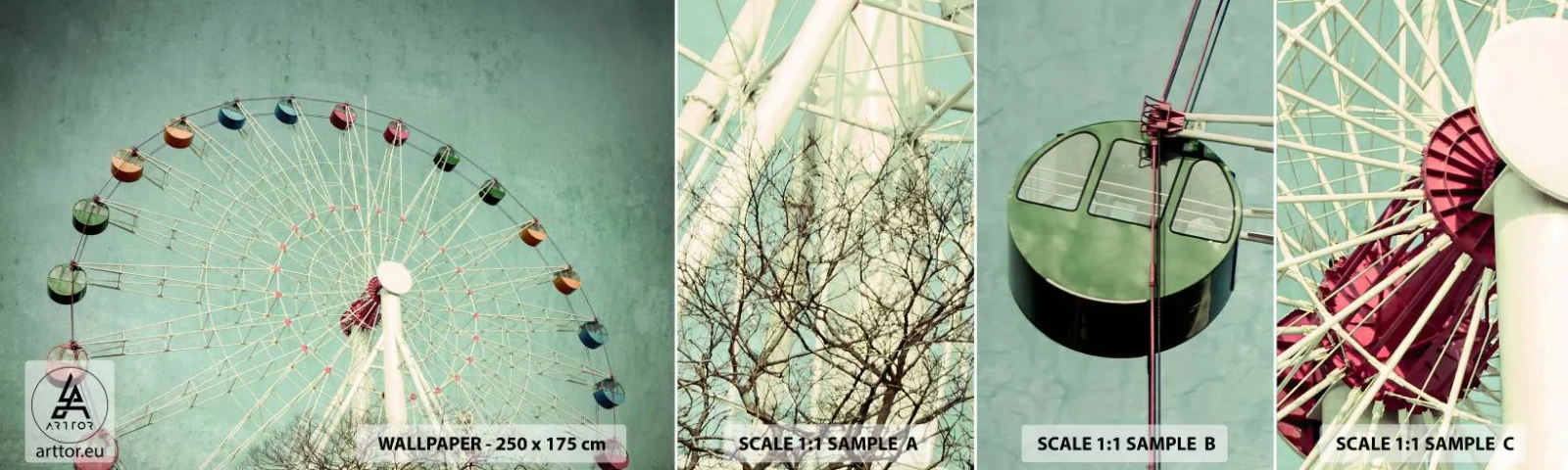 Fotobehang Staaltje Standard Eco - Wij nodigen u uit om plezier te hebben - reuzenrad, Draaimolen, Vintage - 100x30 cm