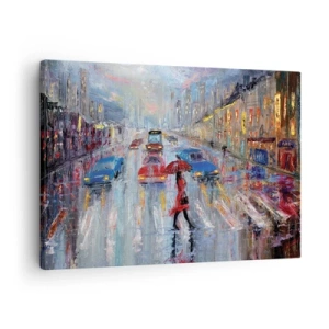 Schilderen op canvas - Een vrouw met een paraplu op een regenachtige straat in het neonlicht. - 70x50cm - Regenachtige middag in de stad - Moderne wanddecoratie voor woonkamer en slaapkamer ARTTOR