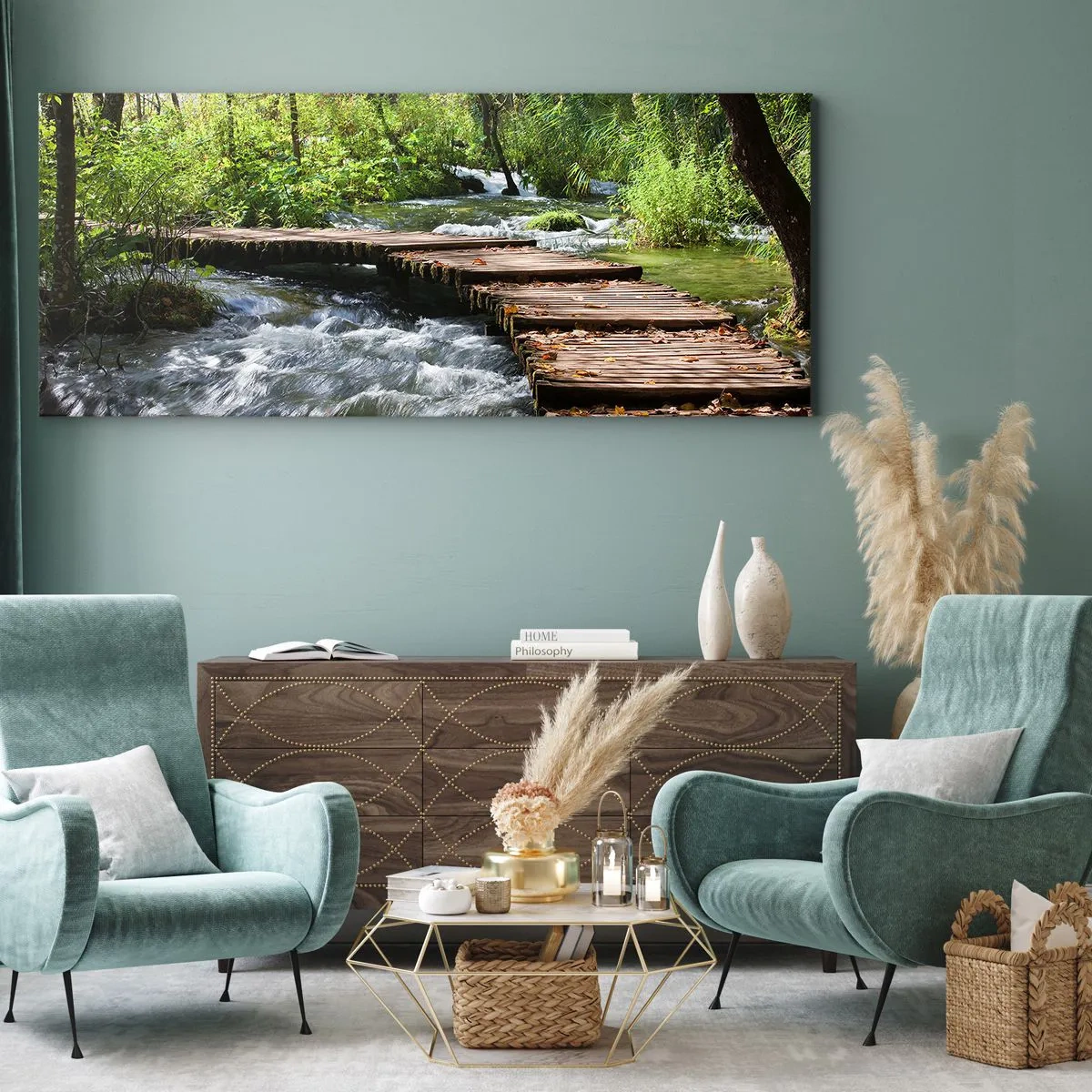 Schilderen op canvas - Boven de schuimige waterval - 90x30 cm