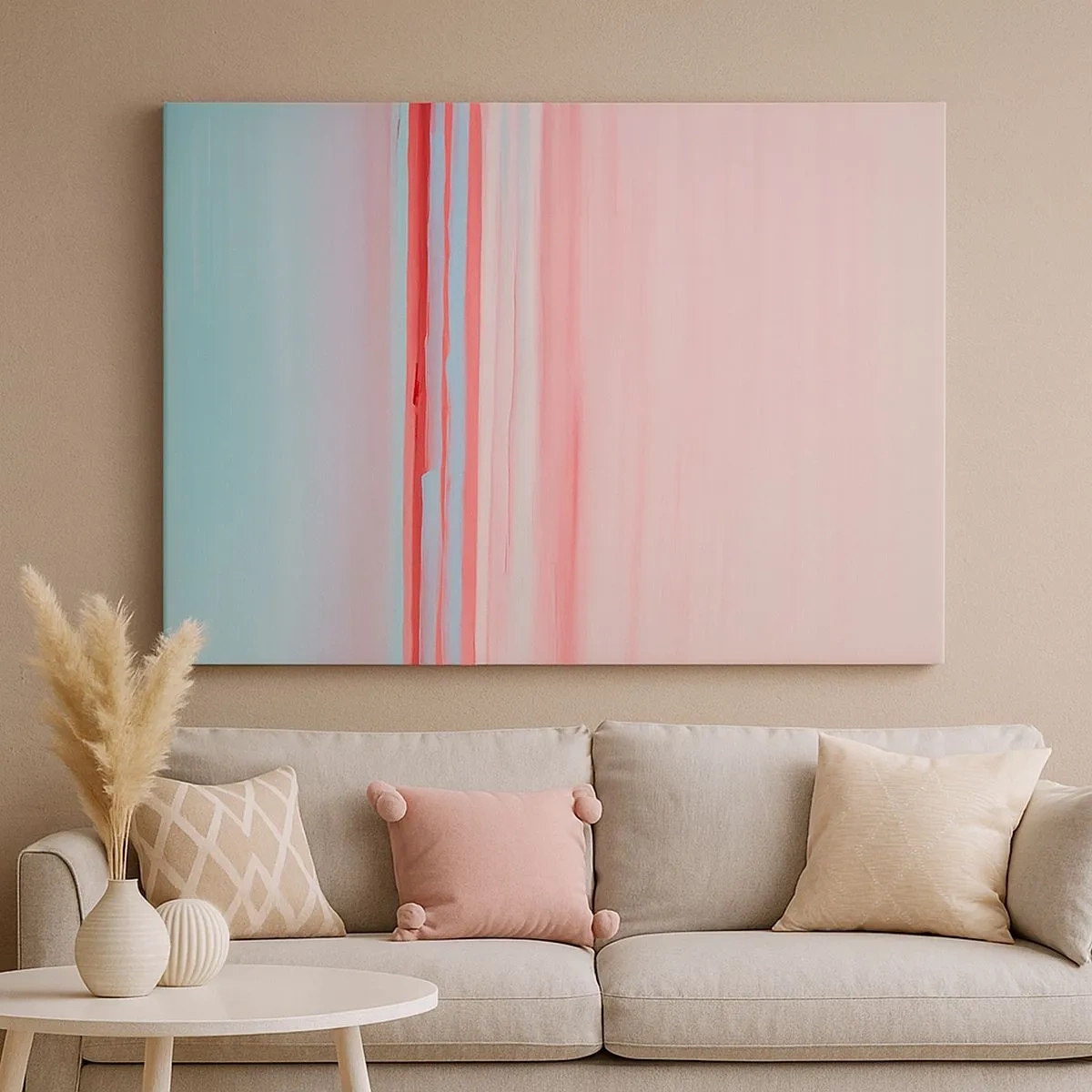 Schilderen op canvas - Pastellijnen in tinten roze en blauw in een minimalistische compositie - 70x50cm - Abstractie bij dageraad - Moderne wanddecoratie voor woonkamer en slaapkamer ARTTOR