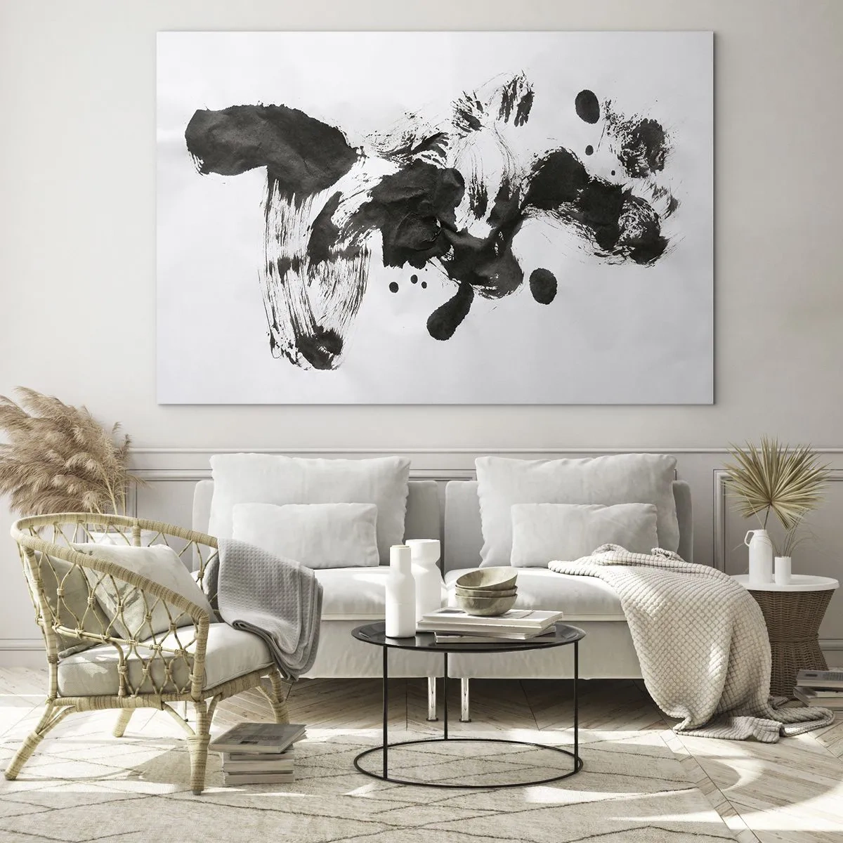Schilderen op glas - Abstracte zwarte vlek en penseelstreken op een witte achtergrond - 70x50cm - Is er een methode voor de waanzin? - Moderne wanddecoratie voor woonkamer en slaapkamer ARTTOR