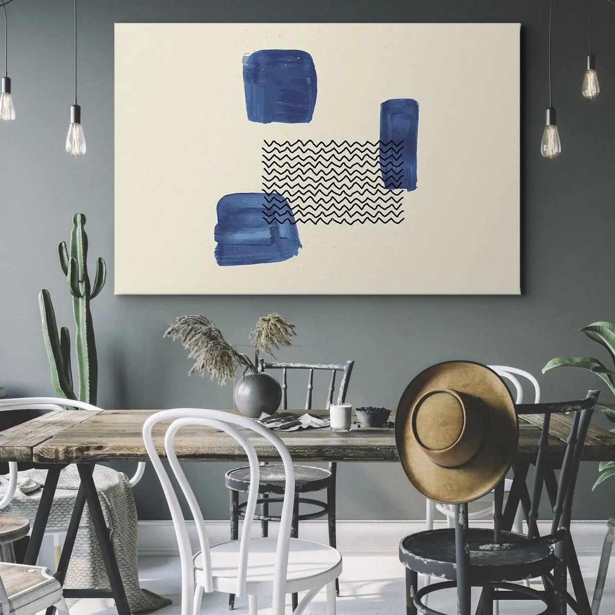 Schilderen op canvas - Abstracte compositie met blauwe vlekken en golvende lijnen - 70x50cm - Een abstract kwartet - Moderne wanddecoratie voor woonkamer en slaapkamer ARTTOR