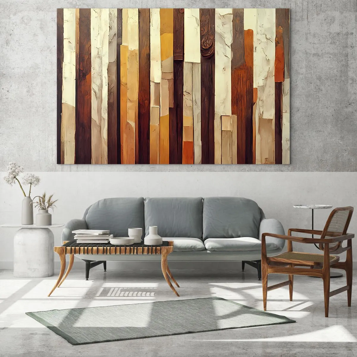 Schilderen op glas - Een compositie van verticale strepen in tinten hout en beige - 70x50cm - Anthem van de bosbomen - Moderne wanddecoratie voor woonkamer en slaapkamer ARTTOR