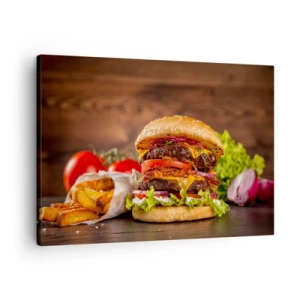 Schilderen op canvas - Smakelijke burger met extra's - 70x50cm - Verboden fruit - Moderne wanddecoratie voor woonkamer en slaapkamer ARTTOR