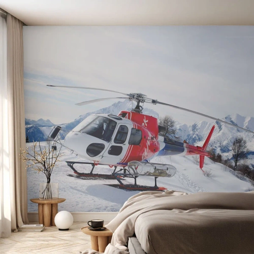 Fotobehang Premium Sand - Altijd klaar - Helikopter, Landschap, Alpen - 100x70 cm